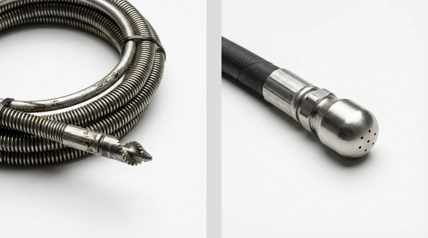 Drain snake cable and hydro jetting nozzle used for drain cleaning in Chappaqua, NY