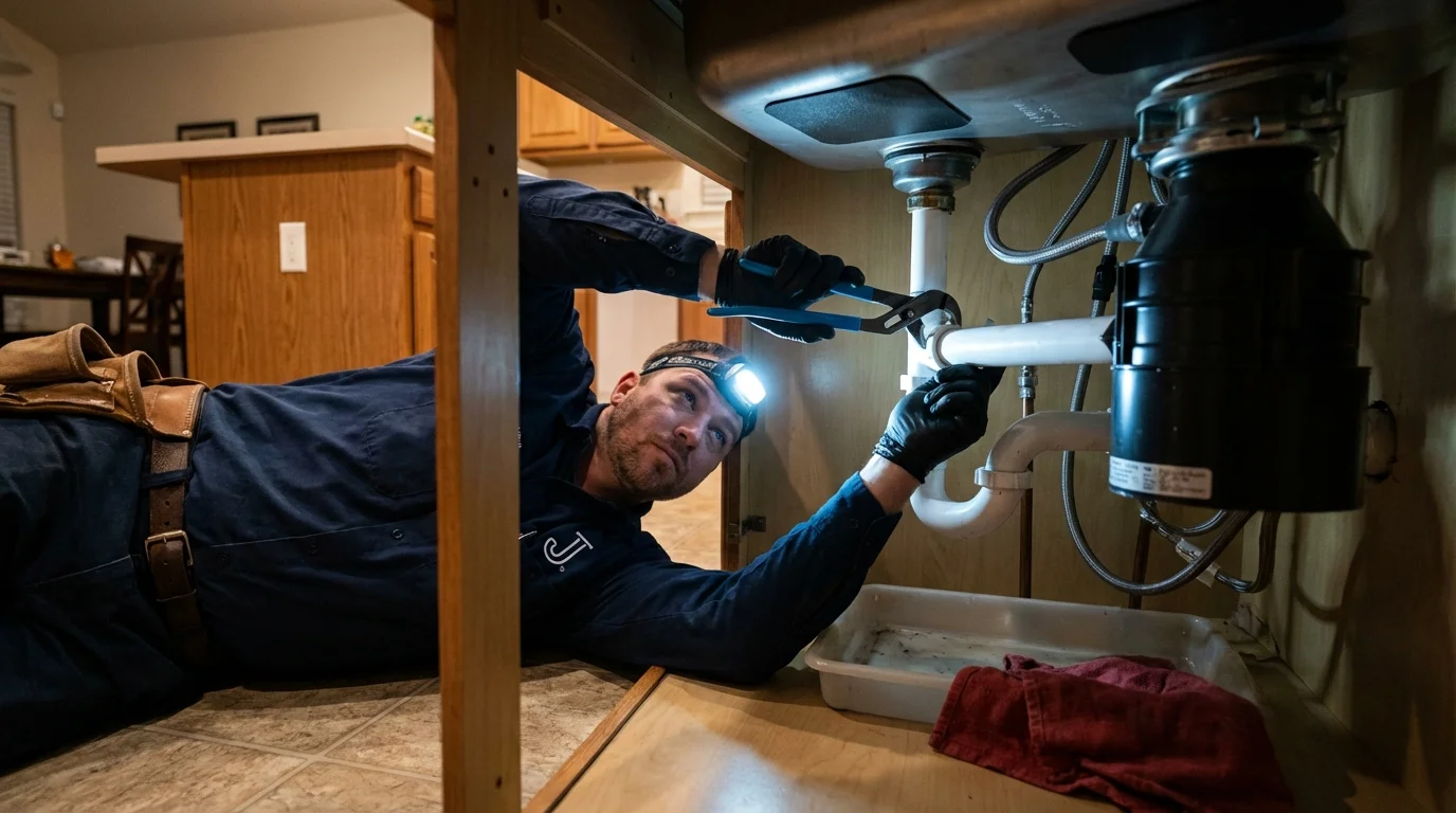 P-trap and supply line connections under a kitchen sink showing a common leak point in Chappaqua, NY